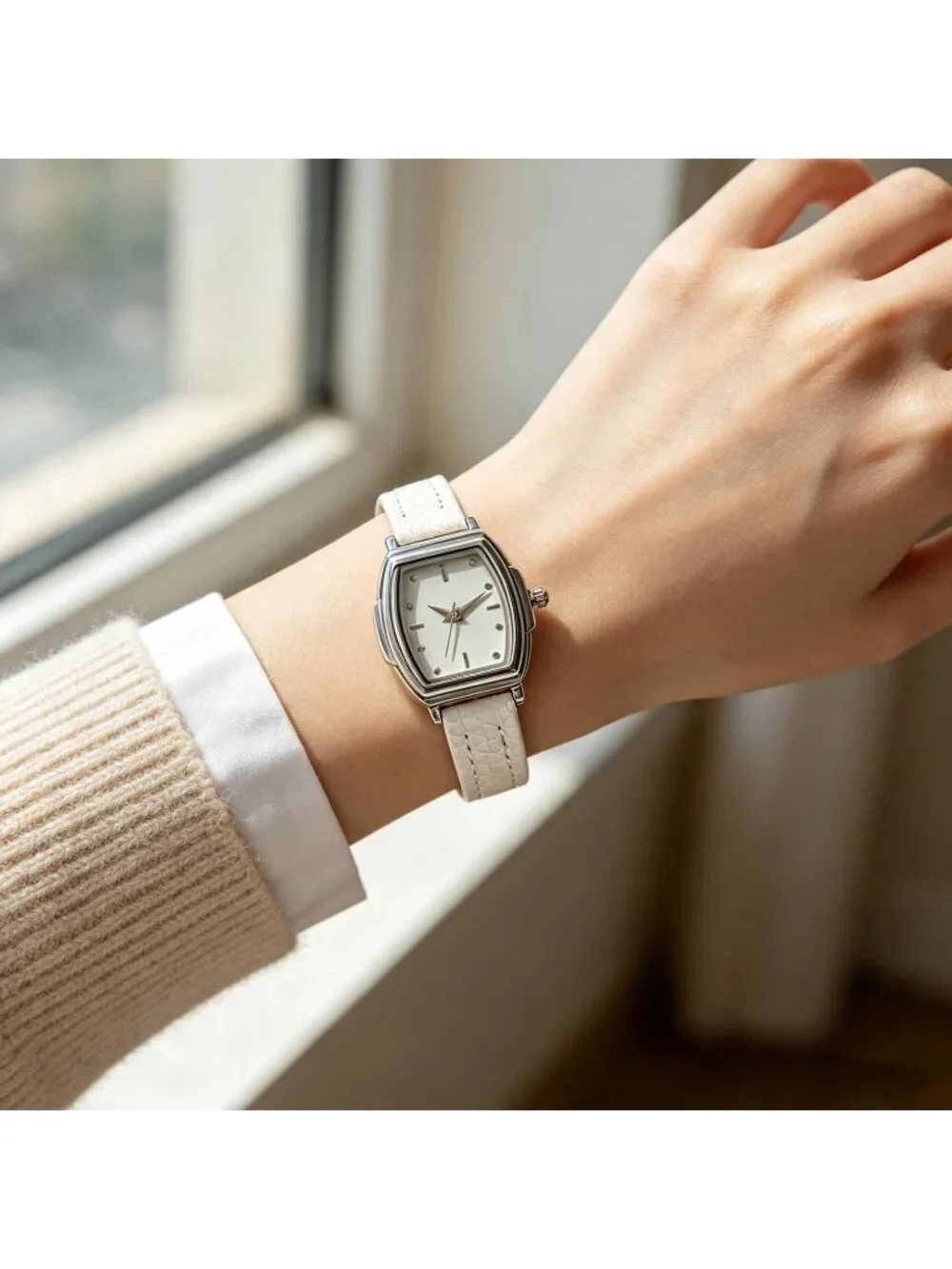Women's White Rectangular Case Metal Case Simple Dial Leather Strap Wrist Watch
